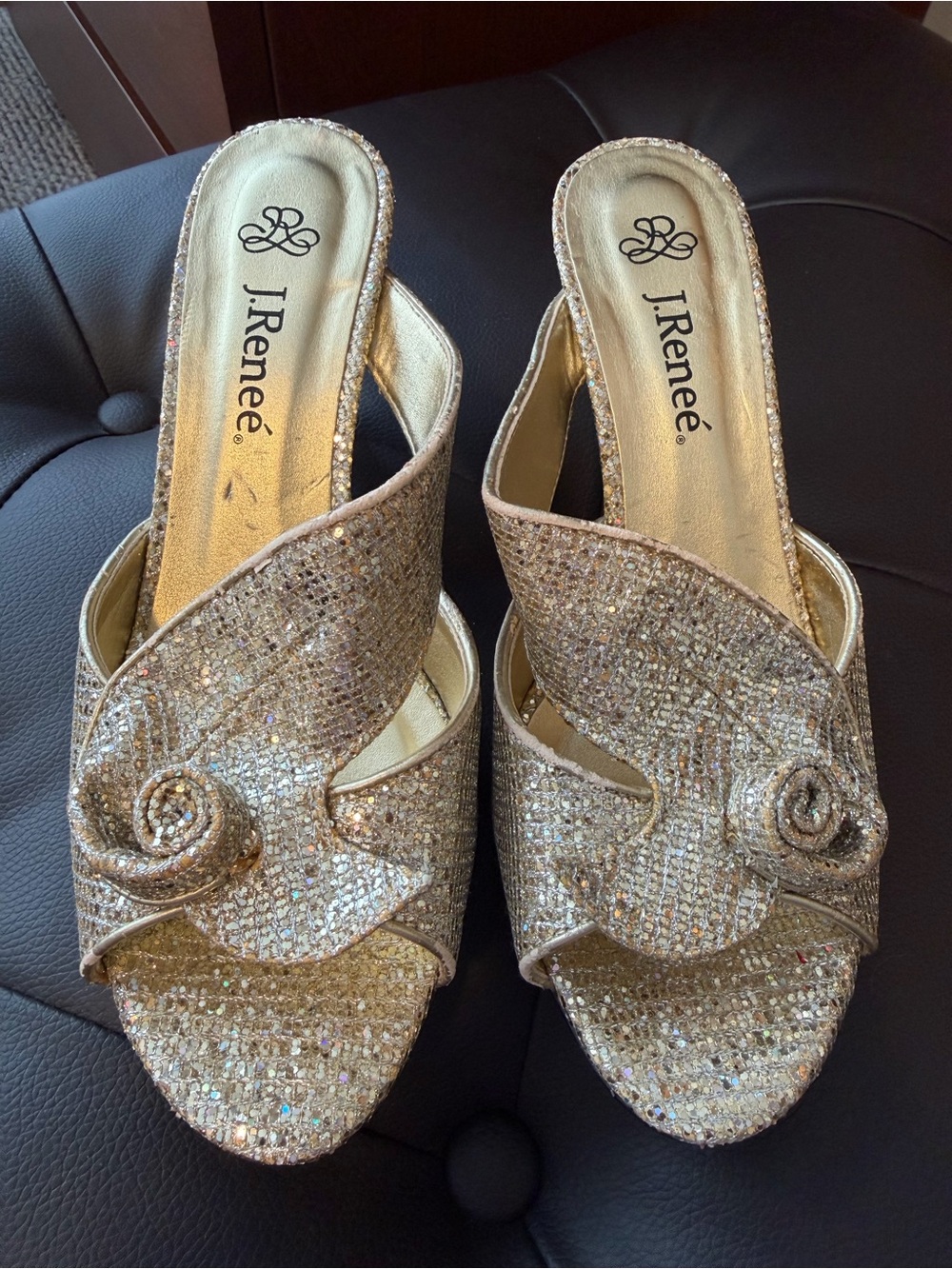 J.Renee Gold Glitter Open-Toe Slip-On Mules with Rosette